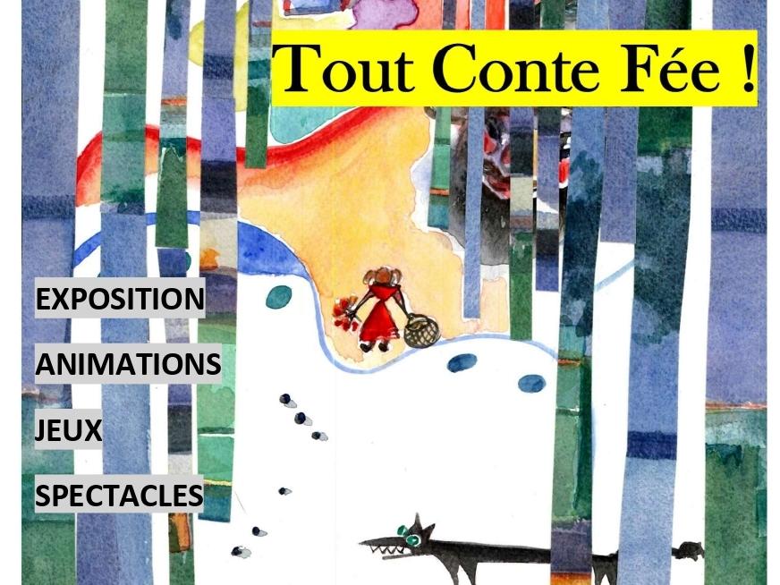 une forêt des contes illustrée par Michèle CHANTECAILLE avec un loup, un chaperon, des petits cailloux et tout au fond un château.