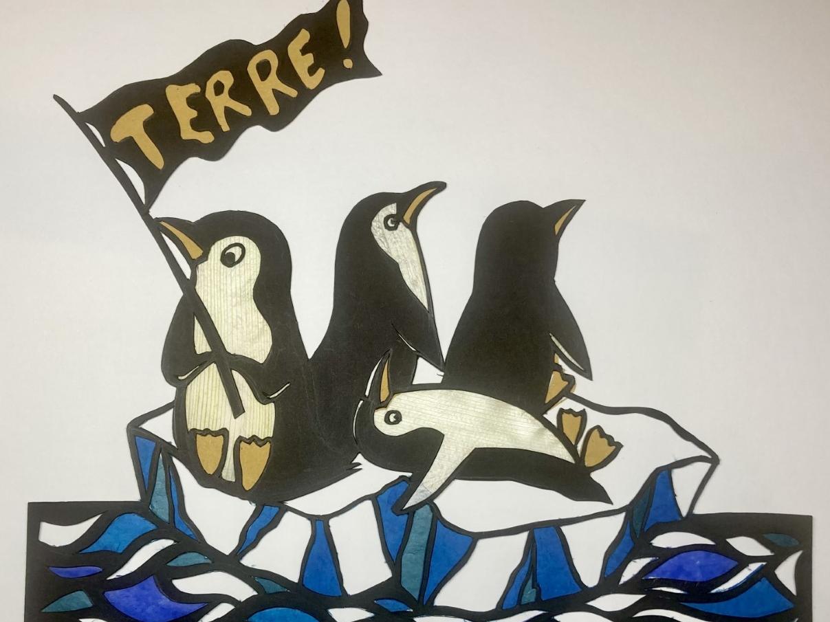 illustration de 4 pingouins sur morceaux de banquise à la dérive