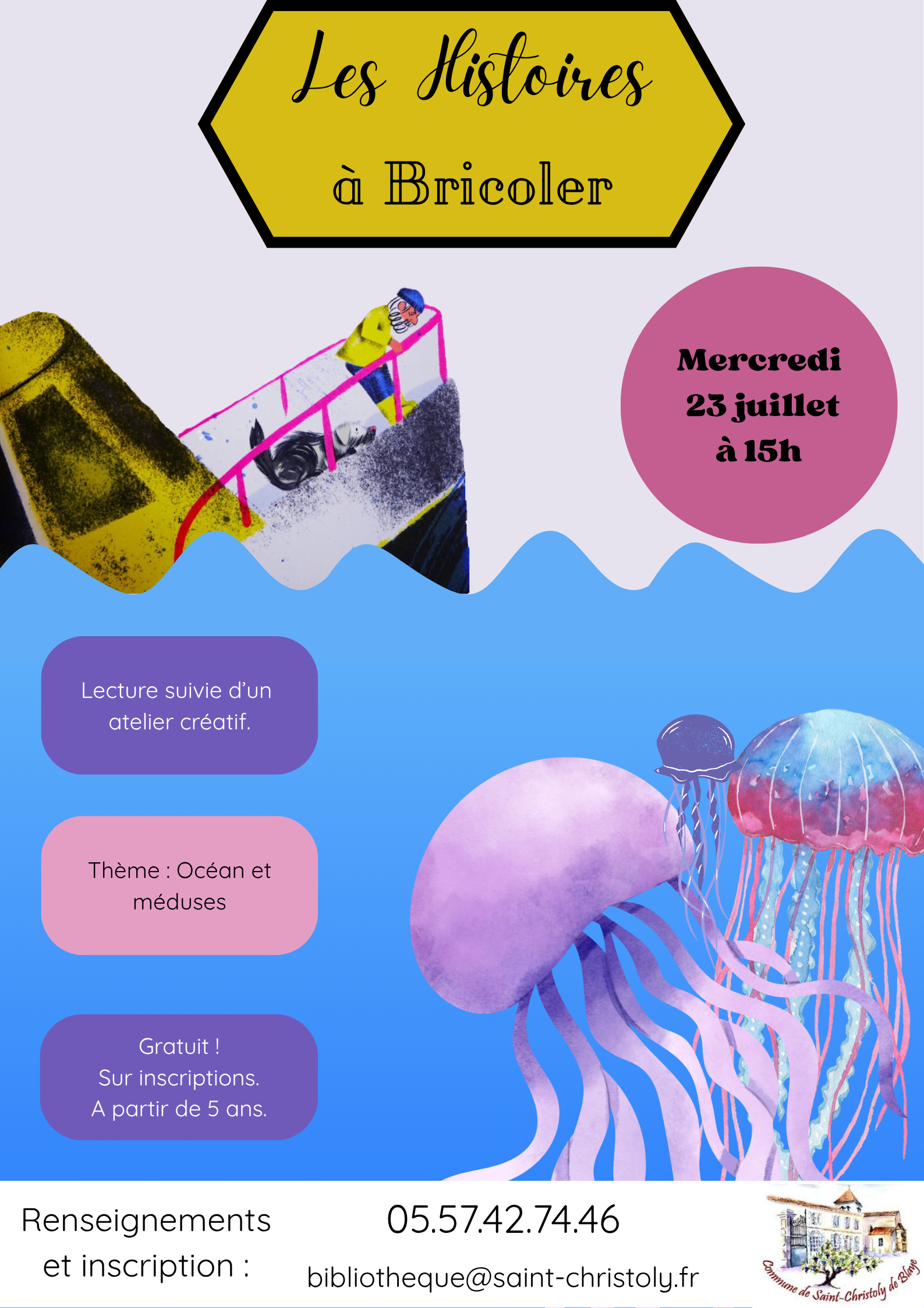 Affiche colorée avec un marin sur son bateau regardant d'un air agacé des méduses dans l'eau. 