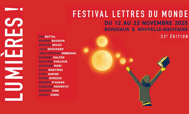 Visuel du Festival Lettres du monde, fond rouge avec liste d'auteurs et titre de l'édition 2025 Lumières !