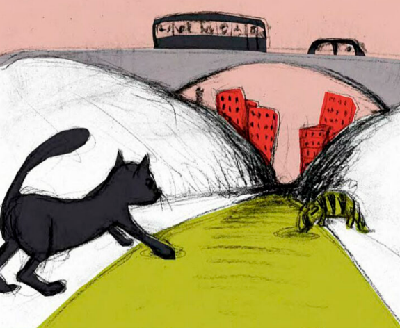Dessin d'un chat noir dans une ville