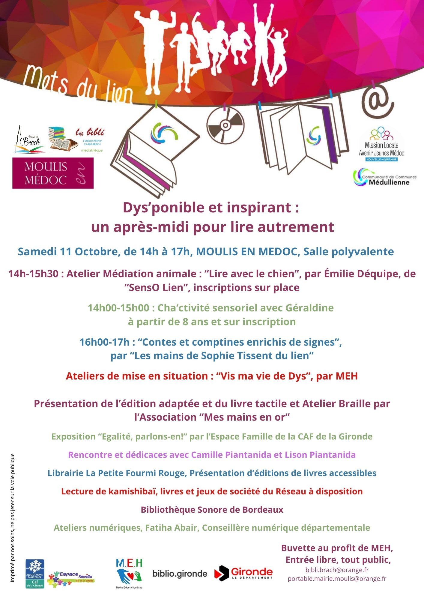 programme d'un après-midi à moulis médiation animale atelier sensoriel contes et comptines enrichis en signes atelier vis ma vie de Dys association mes mains en or dédicaces Piantanida librairie la petite fourmi rouge Bibliothèque Sonore de Bordeaux ateliers numériques